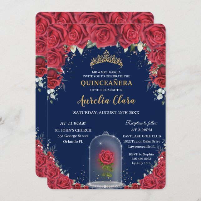 Convite Marinho Inverso-Floral Encantado Quinceañera Red (Frente/Verso)