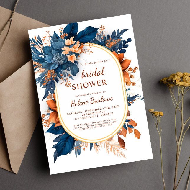 Convite Marinho Laranja Moderno Chá de panela Floral Elega (Navy Orange Modern Elegant Floral Bridal Shower Invitation)
