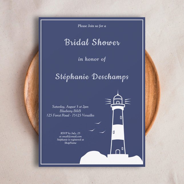 Convite Marinho leve Chá de panela azul (Lighthouse Navy Blue Bridal Shower Invitation)