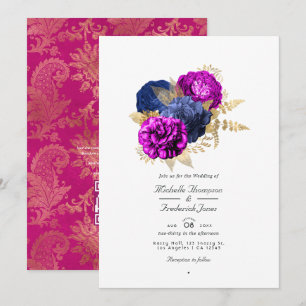 Convite Marinho magenta e Dourado Casamento Floral Código 