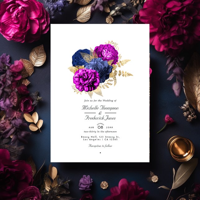 Convite Marinho magenta e Dourado Casamento Floral Código  (Criador carregado)
