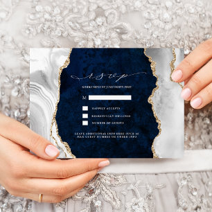 Convite Marinho Marble, White & Dourado Agate Wedding RSVP
