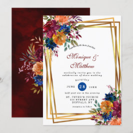 Convite Marinho Marsala Orange Floral Casamento Geométrico