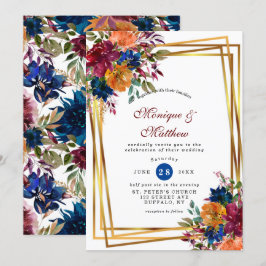 Convite Marinho Marsala Orange Floral Casamento Geométrico
