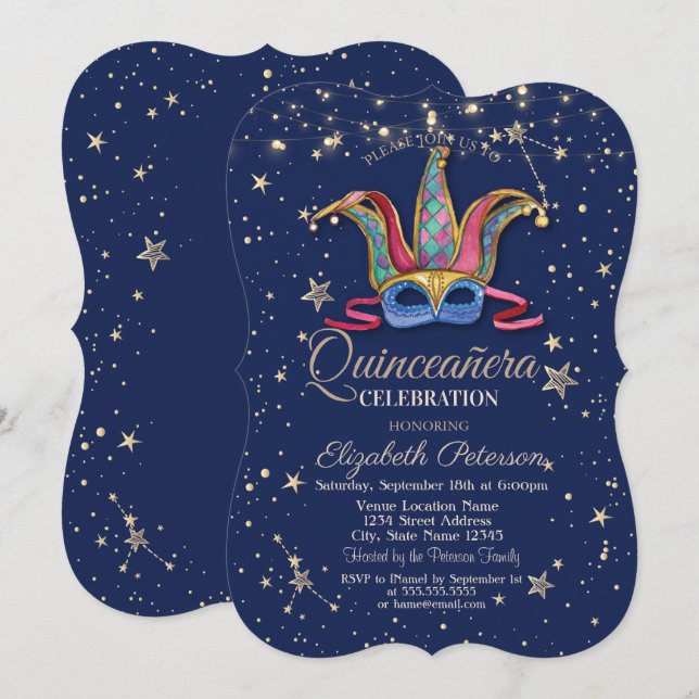 Convite Marinho Masco Colorido Estrelas Azuis Quinceañera (Frente/Verso)