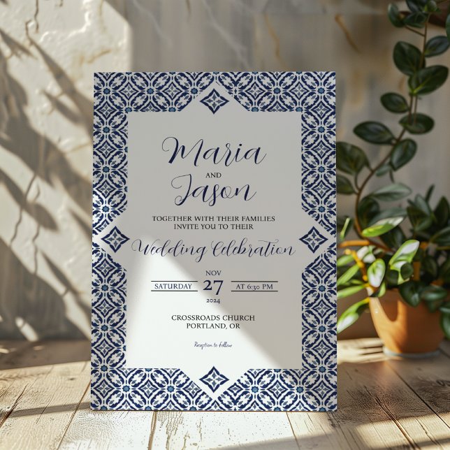 Convite Marinho Mexicano White Talavera Formal Elegante Ca (Mexican Navy White Talavera Formal Elegant Wedding Invitation)