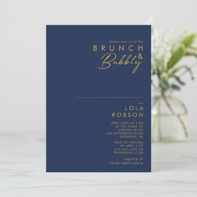 Convite Marinho minimalista moderno - Dourado Brunch e Bub (Em pé/Frente)
