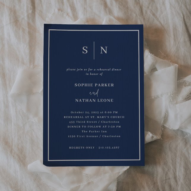 Convite Marinho mínimo e chic azul | Janto de ensaio (An elegant navy blue choice for your wedding rehearsal dinner invitations)