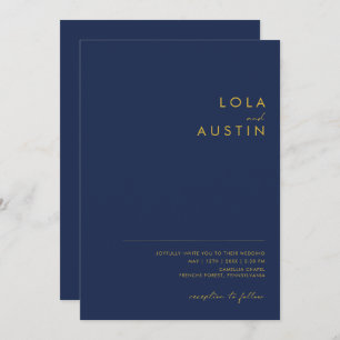 Convite Marinho mínimo moderno azul   Casamento Dourado