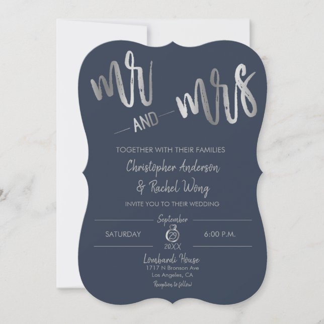 Convite Marinho Mínimo Silver Foil Script Sr. Wedding (Frente)