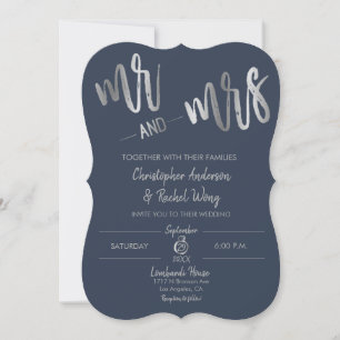 Convite Marinho Mínimo Silver Foil Script Sr. Wedding