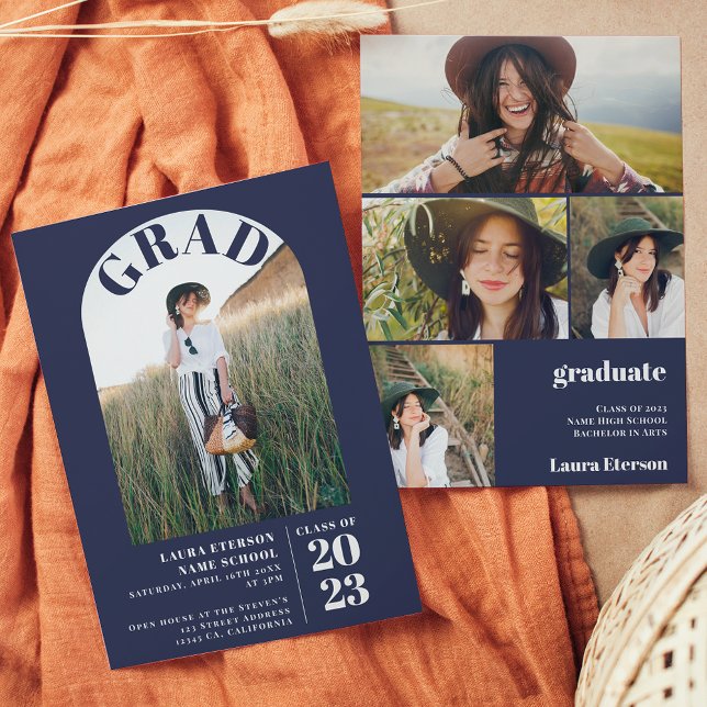 Convite Marinho moderno azul elegante 5 fotos graduadas (Criador carregado)