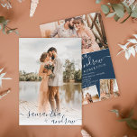 Convite Marinho moderno,  azul minimalista fotos do casame<br><div class="desc">Casamento de guião azul moderno minimalista com marinho com colagem de 5 fotos.</div>