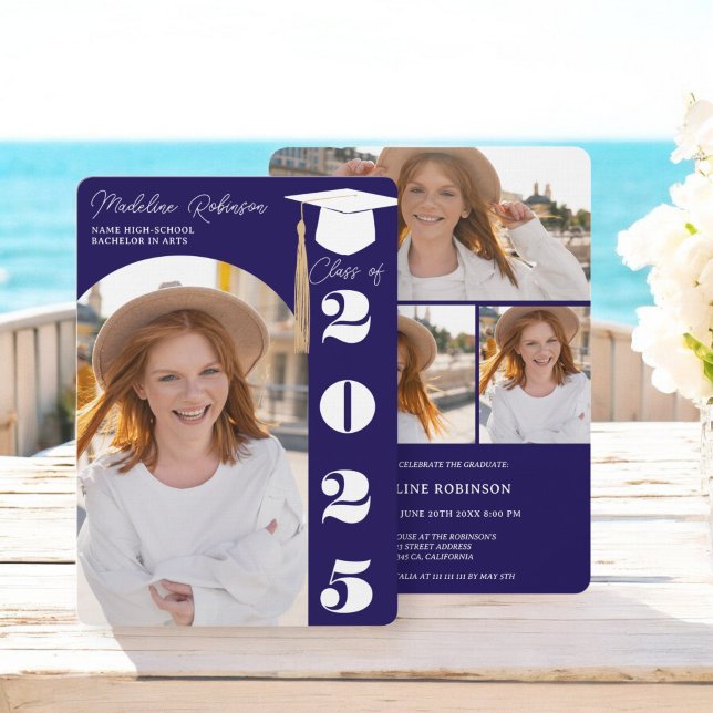 Convite Marinho moderno Blue 4 fotos Graduação (Modern Navy Blue 4 photos Graduation Invitation)