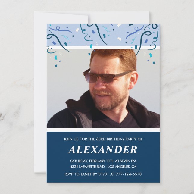 Convite Marinho moderno Blue Photo Man 63º aniversário (Frente)