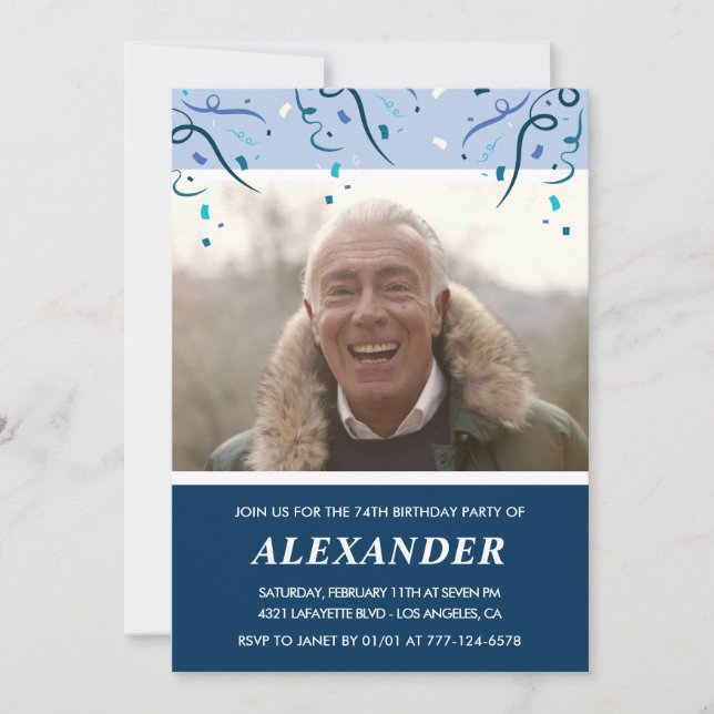 Convite Marinho moderno Blue Photo Man 74 anos (Frente)