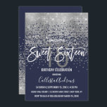 Convite Marinho Moderno Blue Silver Glitter Confetti Sweet<br><div class="desc">Este doce e glamouroso, doce 16, é um design moderno e em voga que apresenta uma falsa sequência cintilante prateada cintilante impressa, gradiente ombre abstrato-confetti sobre um fundo azul marinho. É perfeito para a moderna e elegante aniversariante, com sua simples tipografia personalizada de impressão bonito e arte branca. Personalize a...</div>