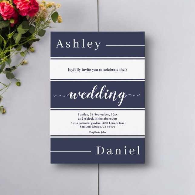 Convite Marinho Moderno Blue Stripes Elegante Casamento (Criador carregado)