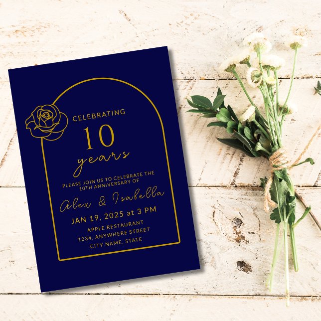 Convite Marinho moderno e Dourado 10º Aniversário de Casam (Modern Navy blue and gold 10th year wedding anniversary invitation for party invite)