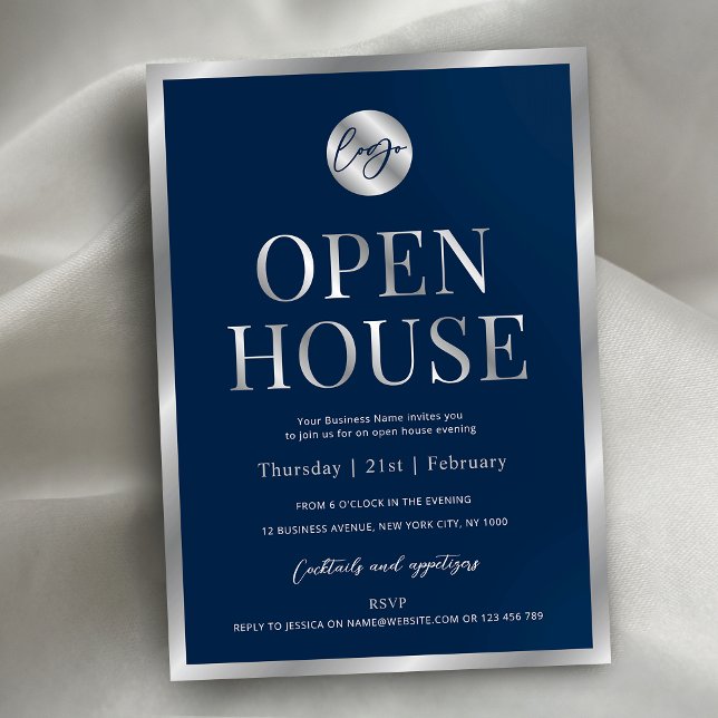 Convite Marinho moderno e logotipo de empresa prata Open H (Professional navy blue and faux silver business logo open house invitation design)