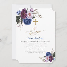 Convite Marinho Moderno Flores Roxas Menino Mi Bautizo