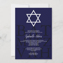 Convite Marinho moderno nome simples hebraico Bat Mitzvah