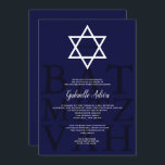 Convite Marinho moderno nome simples hebraico Bat Mitzvah<br><div class="desc">Elegante e simples edições de fundo azul marinho com uma estrela branca editável de David com o nome hebraico Bat Mitzvah. Um convite simples e chique.</div>
