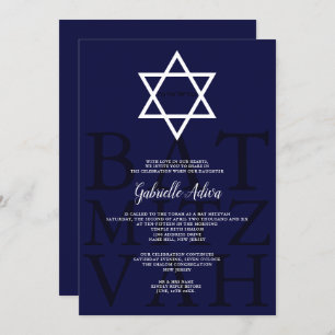 Convite Marinho moderno nome simples hebraico Bat Mitzvah