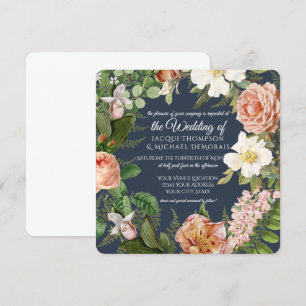 Convite Marinho n Casamento Floral Botânico de Rosa Branc