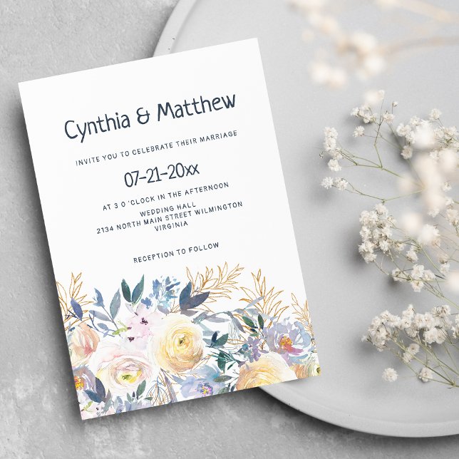 Convite marinho na moda marfim azul marfim ouro floral cas (Stylish chic navy blue ivory gold floral wedding)