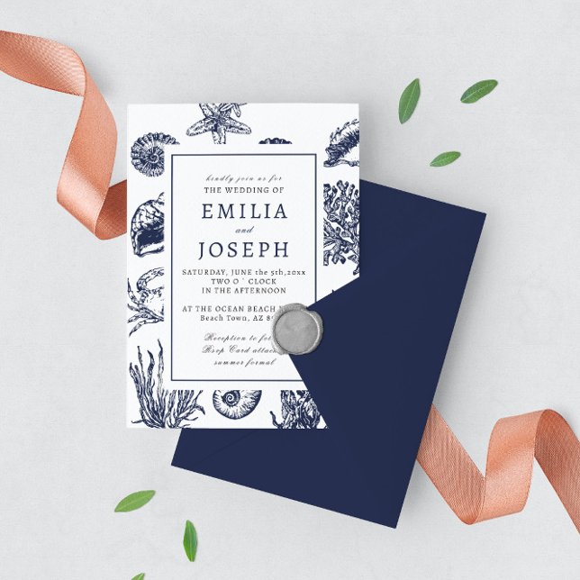 Convite Marinho náutico clássico oceânico azul escuro 3 Ca (Criador carregado)