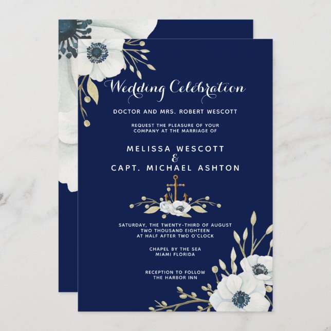 Convite Marinho Náutico Floral de Aquarelas e Casamento Br (Frente/Verso)