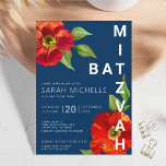 Convite Marinho Negrito Bat Mitzvah Red Floral Watercolor<br><div class="desc">Tenha orgulho, alegria e mostre este marco do seu Bat Mitzvah favorito com este sofisticado e personalizado convite! Uma aquarela floral vermelha, chica, espantosa, com serifa san moderna sobrepõe um fundo azul marinho. Personalize o texto personalizado com o nome, a data e as informações do local do seu Bat Mitzvah....</div>