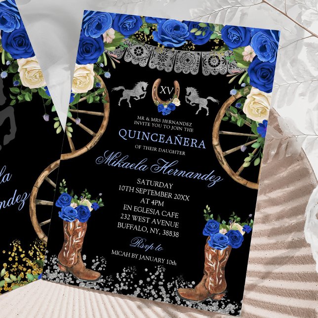 Convite Marinho Negro Blue e Silver Charra Quinceañera (Criador carregado)