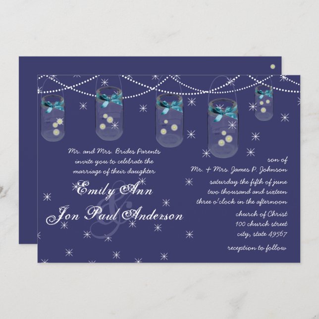 Convite Marinho Noturno Aqua Yellow Flower Mason Jar (Frente/Verso)