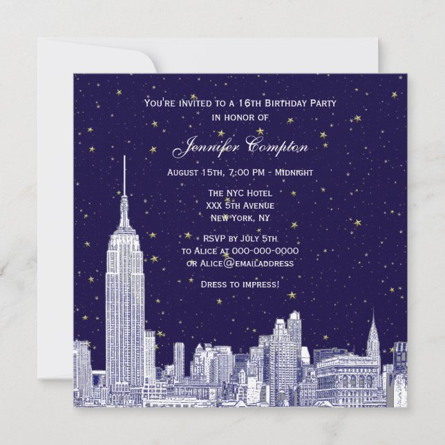Convite Marinho NYC Skyline Etch Starry DIY BG Sweet 16 SQ (Frente)