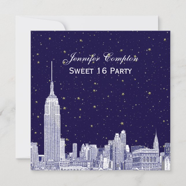 Convite Marinho NYC Skyline Etch Starry DIY BG Sweet 16 SQ (Frente)
