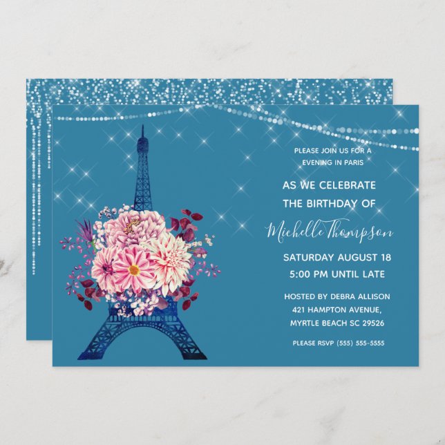 Convite Marinho Paris Eiffel Tower Glitter Floral Birday (Frente/Verso)