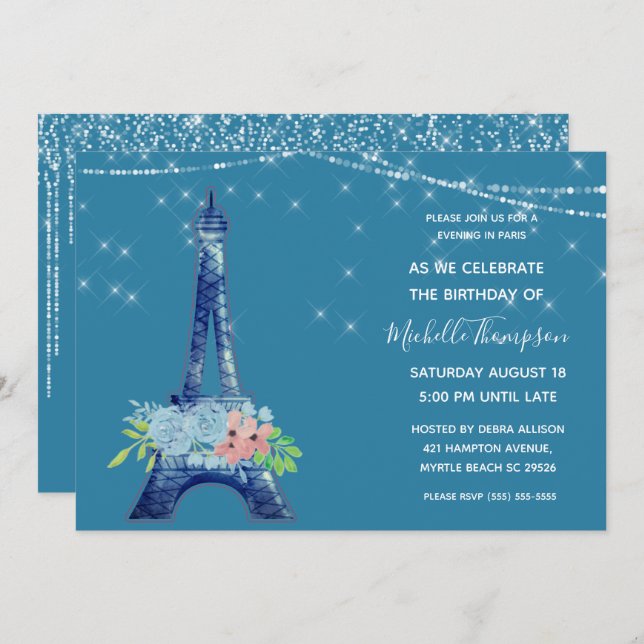 Convite Marinho Paris Eiffel Tower Glitter Floral Birday I (Frente/Verso)