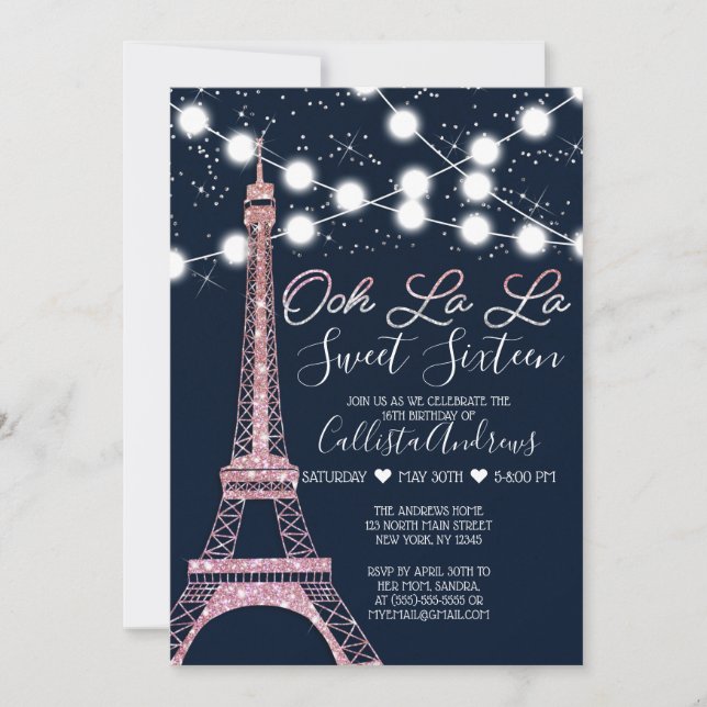 Convite Marinho Paris Eiffel Tower Glitter Lights Sweet 16 (Frente)