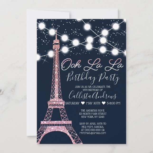 Convite Marinho Paris Eiffel Tower Glitter Luzes de Aniver (Frente)