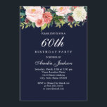Convite Marinho Peach Botânica Floral 60º Aniversário<br><div class="desc">Convites florais mais bonito na Loja Little Bayleigh!</div>
