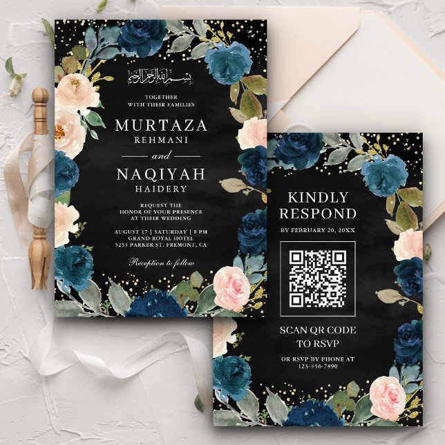 Convite Marinho Peach Floral Código QR Preto Casamento Muç (Criador carregado)