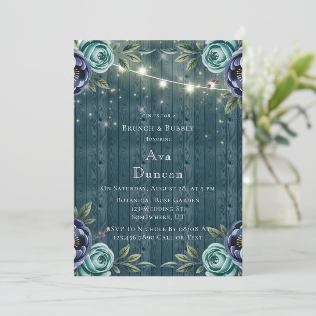 Convite Marinho Peonies e Turquesa Brunch e Bubble (Em pé/Frente)