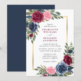 Convite Marinho Personalizado Azul Borgonha Dourada Floral