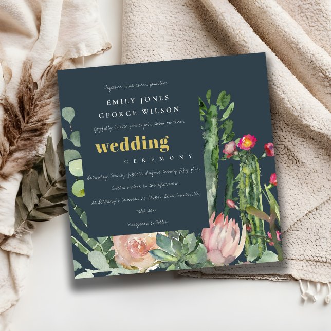 CONVITE MARINHO PINK FLORAL CACTI FOLIAGE WATERCOLOR WEDTI (Criador carregado)