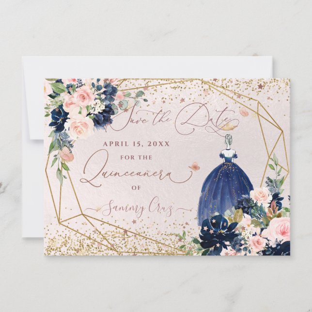 Convite Marinho PixDezines Azul Salve a Data Quinceanera (Frente)