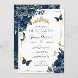 Convite Marinho Quinceañera Azul Borboleta Dourada