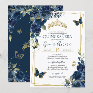 Convite Marinho Quinceañera Azul Borboleta Dourada