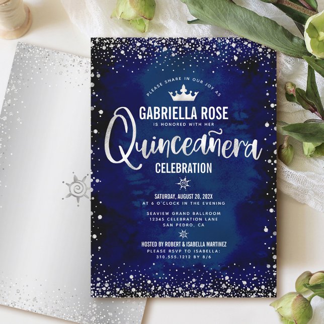 Convite Marinho Quinceañera Silver Glitter Princess Crown (Criador carregado)